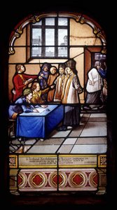 El Tribunal Revolucionario de Quimper condena a estos confesores de la fe a detención seguida de exilio y deportación (1793-95) - vitrales de la iglesia de St Germain en Kerlaz