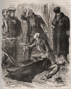 El Emperador ruso Pedro III (1728-1762), asignado a una residencia, fue asesinado por orden de su esposa Catalina II, quien acababa de derrocarlo y tomar el poder, por Alexei Orlov (1737-1808) y sus guardias el 17 de julio de 1762. Grabado de 1871 en "Hist de French School