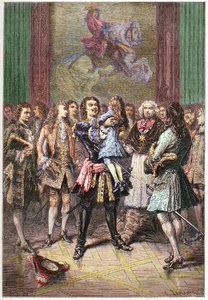 El zar ruso Pedro I el Grande (1672-1725) sosteniendo al rey Luis XV en sus brazos en Versalles en 1717 de French School