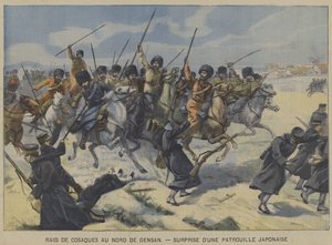 La Guerra Ruso-Japonesa: cosacos sorprendiendo a una patrulla japonesa en una incursión al norte de Gensan, Corea de French School