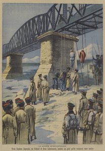 La Guerra Ruso-Japonesa: tropas rusas ahorcando a tres saboteadores japoneses del puente que planeaban volar