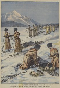 La Guerra Ruso-Japonesa: transportando soldados rusos heridos en trineos hechos de esquís de French School