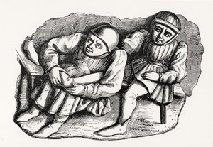 El Zapatero y su Cliente, copiado de uno de los Stalls de Misericordia en el Coro de la Catedral de Rouen, ilustración de Ciencia y Literatura en la Edad Media y el Renacimiento