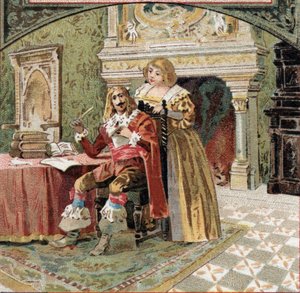 El Señor de Beringhen y Madame du Fargis conspiraron contra Richelieu (Armand Jean du Plessis, Cardenal de Richelieu (1585-1642), ministro de Luis XIII, en el Chateau de Azay-le-Rideau (Azay le Rideau) (Indre-et-Loire). Cromolitografía de finales del siglo de French School