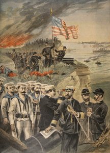 La guerra hispanoamericana: desembarco en Guantánamo, ilustración de Le Petit Journal: Suplemento ilustrado, 1898 de French School