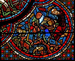 La ventana de San Lubin: su educación - un monje le da un cinturón con un alfabeto inscrito de French School