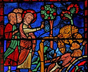 Ventana de San Martín: el santo hace caer un árbol sobre el pagano de French School
