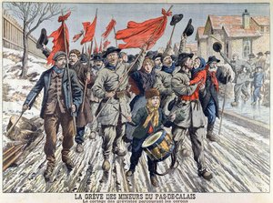 La huelga de mineros en Pas-de-Calais, la procesión de los huelguistas en el pueblo minero, de Le Petit Journal, 1 de abril de 1906 (grabado en color) de French School