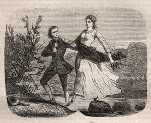 El filósofo suizo Jean Jacques (Jean-Jacques) Rousseau (1712-1778) ayudó a Mademoiselle Galley a cruzar un arroyo. Grabado de 1871 en “Histoire Des Cocus Celebres” por Henry de Kock (1819-1892).