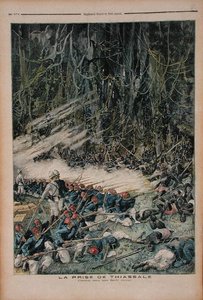 La toma de Thiassale, la batalla en la selva virgen, ilustración de Le Petit Journal, 26 de agosto de 1893