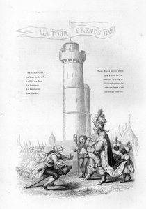 La torre es cuidadosa. Un coronel con un arma baja hacia el rey, seguido por pajes. Grabado en 