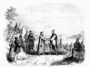 El Tratado de Saint Clair-sur-Epte entre Carlos III El Simple (879-929) Rey de Francia (898-923) y Rollo el Vikingo en 911 de French School