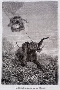 El Victoria remolcado por un elefante - en "Cinco semanas en globo", novela de Julio Verne de French School
