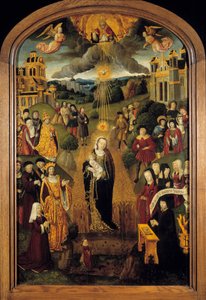 La Virgen con Trigo. El Rey Luis XII (1462-1515) y el Papa Alejandro VI (1431-1503) están presentes. Dios Todopoderoso sosteniendo el Globo bendice la escena mientras el Espíritu Santo protege a la Virgen y al Niño. Pintura sobre madera de la Escuela Franc de French School