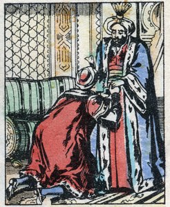El hijo del visir renuncia a casarse con la hija del sultán. Grabado del cuento de Las Mil y Una Noches "Aladino y la lámpara maravillosa". Imaginación de Epinal, finales del siglo XIX. Colección privada de French School