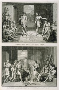 La Ceremonia de la Boda y la Manera de Divorciarse en Canadá, ilustración de Ceremonias y Costumbres Religiosas, grabado por Bernard Picart, 1723 de French School