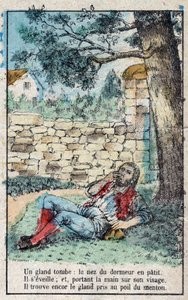 La bellota y la calabaza. Fábulas de Jean de La Fontaine (1621-95). Imagen de Épinal de finales del siglo XIX. de French School