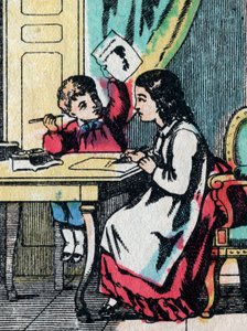 Las actividades para niñas de buenas familias: ayudando a un hermanito con su tarea - Imagen de Epinal - siglo XIX de French School