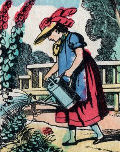 Las actividades para niñas de buenas familias: aprendiendo jardinería - Imagen de Epinal - Siglo XIX (grabado)