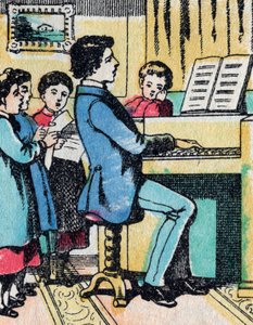 Las actividades para niñas de buenas familias: aprendizaje de música - Imagen de Epinal - Siglo XIX (grabado) de French School