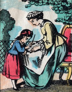 Las actividades para niñas de buenas familias: lección de lectura - Imagen de Epinal - siglo XIX (grabado) de French School