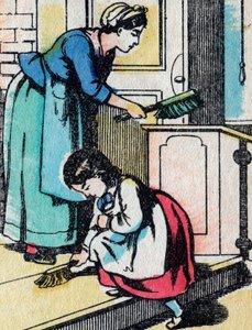 Las actividades para niñas de buenas familias: las tareas del hogar - Imagen de Epinal - Siglo XIX (grabado) de French School
