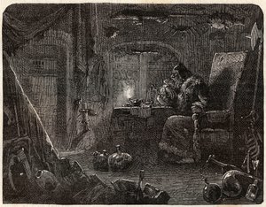 El alquimista, habiendo prometido hacer oro, trabaja en su laboratorio: el Alquimista en el siglo XVII - en Paris a travers les cules por Nicolas Jules Henri Gourdon de Kennouillac (1826-1898)