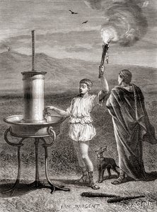 El antiguo sistema de semáforo hidráulico griego siendo usado por Eneas para enviar un mensaje, siglo IV a.C., de Les Merveilles de la Science, publicado c.1870 (grabado) de French School