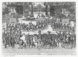 La llegada de Mehmed Celebi Efendi, embajador del sultán Ahmed III de Turquía, a las Tullerías para ser recibido por Luis XV en 1721 (grabado)
