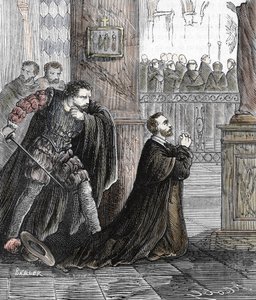 El asesinato del Inquisidor Pedro de Arbues (1441-1485) el 17/09/1485 en la Catedral de Zaragoza en España (El oficial de la inquisición española Pedro de Arbues asesinado en la Catedral de La Seo de Zaragoza en 1485 en un supuesto complot por convers de French School