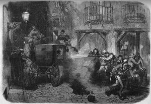 El asesinato de Juan Prim y Prats (1814-1870), general y político español, a su salida de las Cortes, en la calle del Turco en Madrid el 28 de diciembre de 1870. Grabado en "Le Monde Illustré" n°724 del 25 de febrero de 1871. de French School