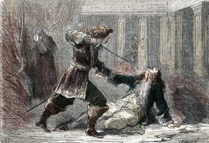 El asesinato del Marqués Gianrinaldo Monaldeschi, amante de la Reina Cristina de Suecia (1626-1689) en el castillo de Fontainebleau de French School