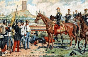 La batalla de Solferino (Italia) entre los ejércitos franco-sardos (victoriosos) y austriacos (derrotados) en 1859. Cromolitografía del siglo XIX. de French School