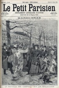 La batalla de confeti en el bulevar parisino durante el Mardi Gras. Grabado en "Le Petit Parisien".