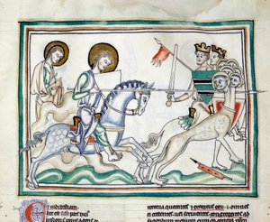 La batalla con el dragón de siete cabezas: caballeros luchan contra un dragón con varias cabezas, con lanzas, personificando a los siete reyes. Miniatura tomada de “El Apocalipsis de Cambrai” iluminada por la Escuela Francesa del siglo XIII. Ms. 422. Bibli