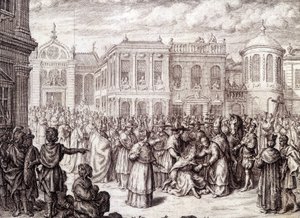 El nacimiento de la Papisa Juana - en "Historia de la Papisa Juana" de M. de Spanheim, La Haya de French School