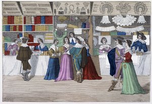 Las boutiques de la galería del palacio de justicia bajo Luis XIII - en “París a través de los siglos” de French School