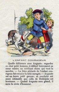 El niño valiente. Un niño defiende a su hermana contra un perro. Alfabeto de niños pequeños. Abecedario con valor moral que contiene ejercicios de lectura. Imágenes de Epinal, finales del siglo XIX de French School