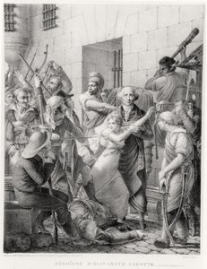 La valentía de Elisabeth Cazotte protegiendo a su padre de la multitud (grabado) de French School