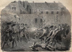 El bandido Louis Dominique Garthausen llamado Cartouche y sus compañeros yendo a desvalijar el Hotel Desmaretz en París, son sorprendidos y atacados por los arqueros, tras una feroz lucha, huyen por los tejados - Bandido francés Louis Dominique de French School