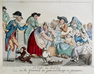 El café del Bel Air o los gourmets del Pont au Change disfrutan de los parisinos sin dinero bebiendo café en la taza ante los ojos asustados de un noble (grabado anónimo del siglo XVIII) de French School