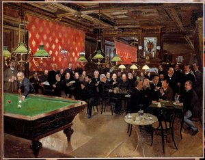 El círculo de la unión republicana: miembros de la unión republicana reunidos en el café para charlar, jugar al billar en la época de la Tercera República. Pintura anónima de French School