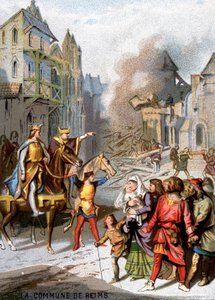 La comuna de Reims (1160) - Represalias de Luis VII para destruir las libertades comunales de los burgueses de Reims. Cromolitografía de la Serie “Patriotic Education through Image”.
