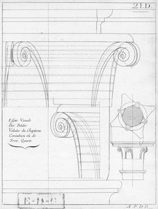 El capitel corintio, ilustración de un libro sobre geometría, siglo XVIII o XIX, publicado Avec Privilege du Roy et E.. du Gouvernement