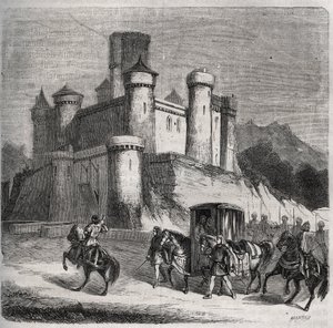El cortejo de Rigonde (Rigonthe) (alrededor de 569-después de 589) sale de París para ir a su prometido, el Príncipe Recarede. Grabado de 1871 en "Histoire Des Cocus Celebres" de Henry de Kock (1819-1892) de French School