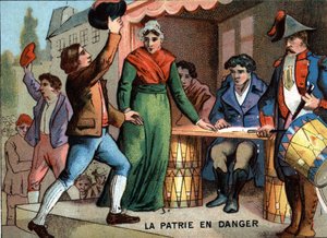 El país en peligro: "Los voluntarios del 92". Cromolitografía de la serie "Educación patriótica a través de la imagen" de French School
