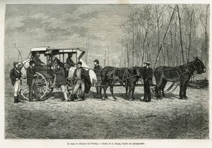 El curso o diligencia en el caballo de las praderas, dibujo de A. Dupuis, para ilustrar la historia de una excursión a Canadá y el río Rojo del Norte, en 1873, por H. de Lamotte. Grabado en Le tour du monde de French School