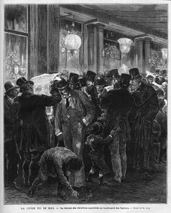 La crisis del 16 de mayo de 1877: lectura de las últimas noticias en el bulevar de los Italianos en París. Esta crisis política francesa es el resultado de la carta de Mac Mahon criticando la actitud del presidente del Consejo Jules Simon, quien finalmente de French School