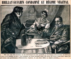 La curiosa dieta vegetariana del gastrónomo Jean Anthelme Brillat-Savarin (1755-1826), en la portada del semanario "La cuisine des familles" n°90, 10 de marzo de French School