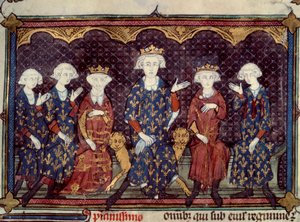 Los reyes malditos: Felipe IV el Hermoso (1268 - 1314) rodea a su hija Isabel (Reina de Inglaterra) y sus tres hijos Luis (Rey Luis X), Carlos (Rey Carlos IV), Felipe (Rey Felipe V), y su hermano Carlos de Valois - Miniatura de La de French School